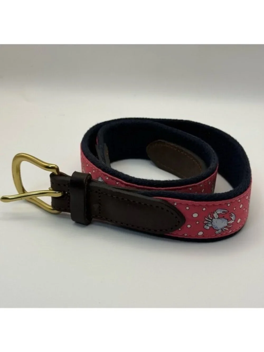 Vineyard Vines Pink Crab Print Canvas Leather Belt Size 28 Preppy Coastal